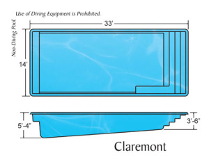 Claremont fiberglass swimming pool dimensions diagram showing length, width, and depth layout by Calm Water Pools.