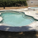 Laguna freeform inground fiberglass pool with curved organic shape, light concrete deck and shallow entry steps in a residential backyard