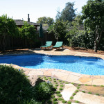 Laguna Freeform inground fiberglass pool with curving freeform shape, shallow entry steps and stamped concrete deck in a landscaped backyard