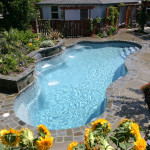 Laguna freeform inground fiberglass pool with curved lagoon-style shape, shallow entry steps and concrete deck in a landscaped backyard