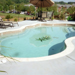 Laguna freeform inground fiberglass pool with light-colored deck, shallow entry steps and lounge seating in a raised backyard patio