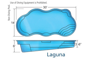 Laguna X freeform fiberglass pool design with curved inground swimming pool and built-in entry steps in a landscaped backyard